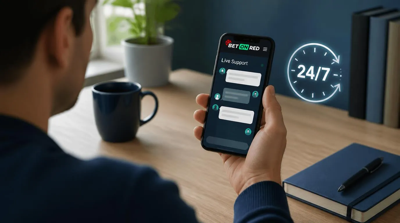 Telefon z otwartym czatem obsługi i zegarem wskazującym całodobową dostępność pomocy