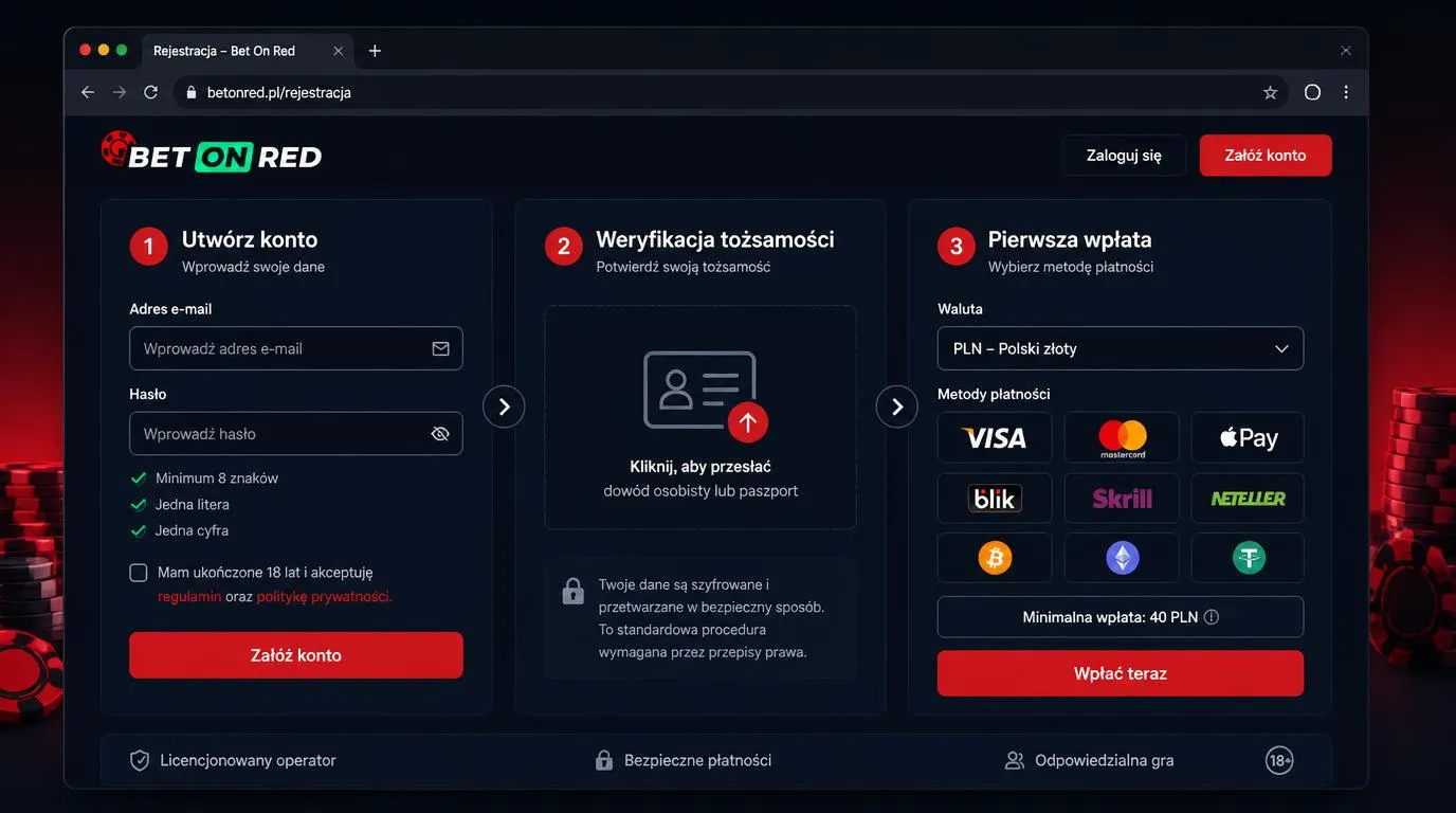 Ekran rejestracji kasyna obok panelu weryfikacji tożsamości i wyboru metody wpłaty
