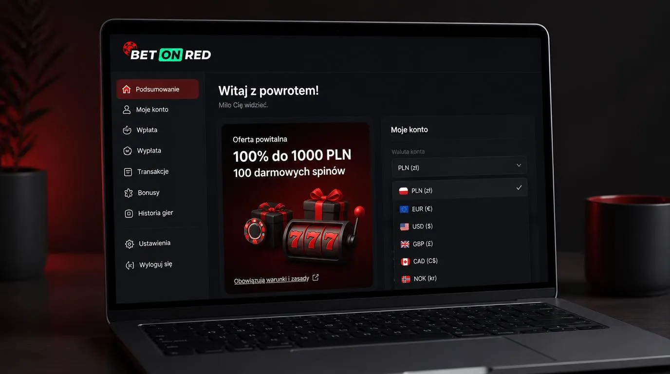 Ekran kasyna z ofertą 100% do 1000 PLN, 100 darmowymi spinami i wyborem waluty na jednym koncie